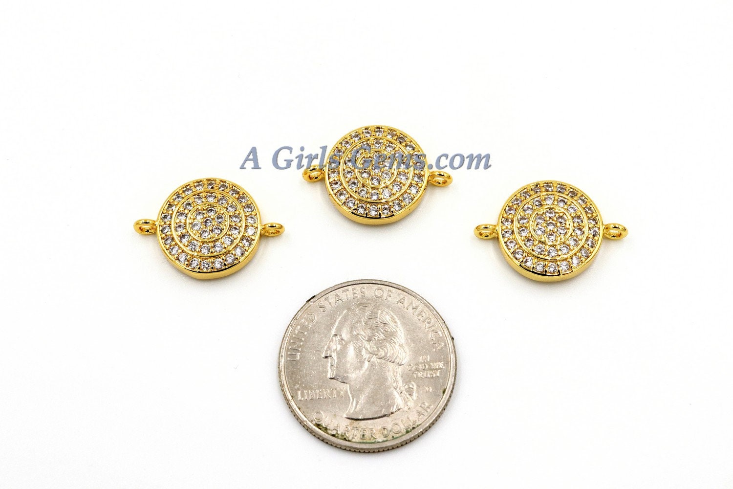 CZ Micro Pave Round Disc Connectors, CZ Gold Coin Linking Charms, 14 x 20 mm Small Disc