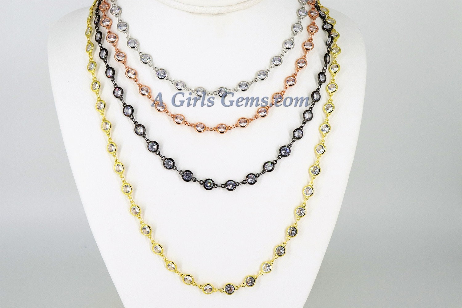 CZ Chain By The Yard, 5 mm Gold Genuine CZ Bezel Chain CH #547, 6 mm Unfinished Clear Cubic Zirconia Connector