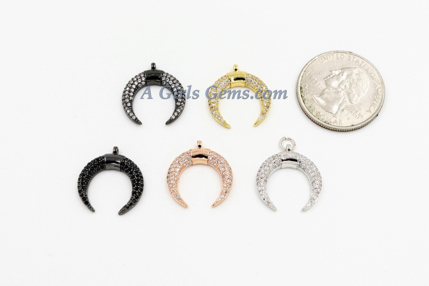 Crescent Moon Charms, CZ Micro Pave Small Double Horn Cz Charm 17 x 19 mm, Gold