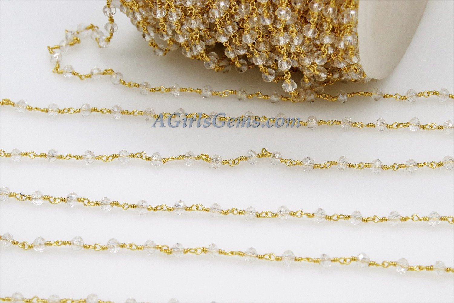 Clear Crystal AB Rosary Chain, 4 mm Mystic AB Crystal CH #329, Gold Plated Wire Wrapped Chains