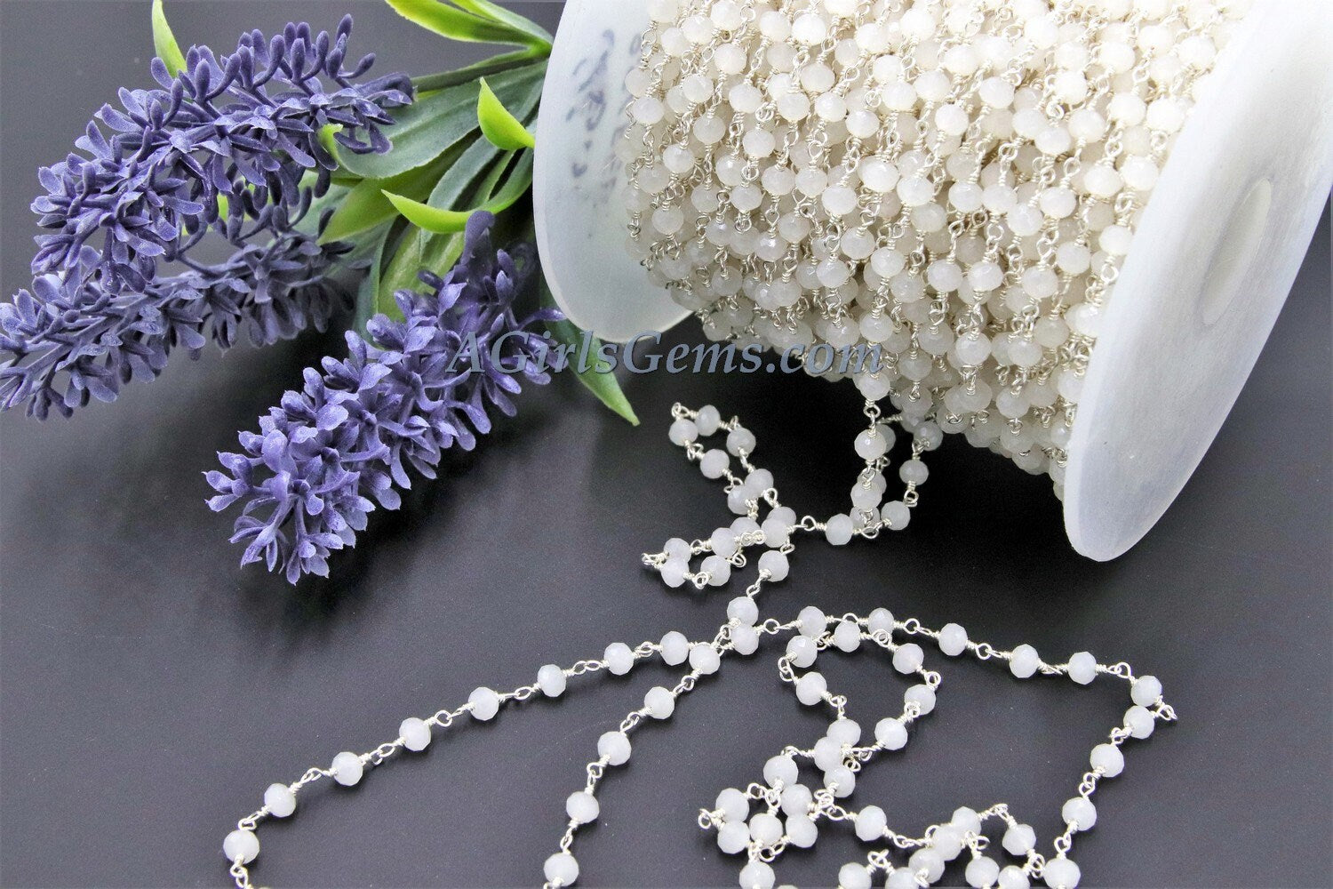 White Rosary Chain, Silver Plated White Chalcedony AB Mystic CH #432, 4 mm Wire Wrapped