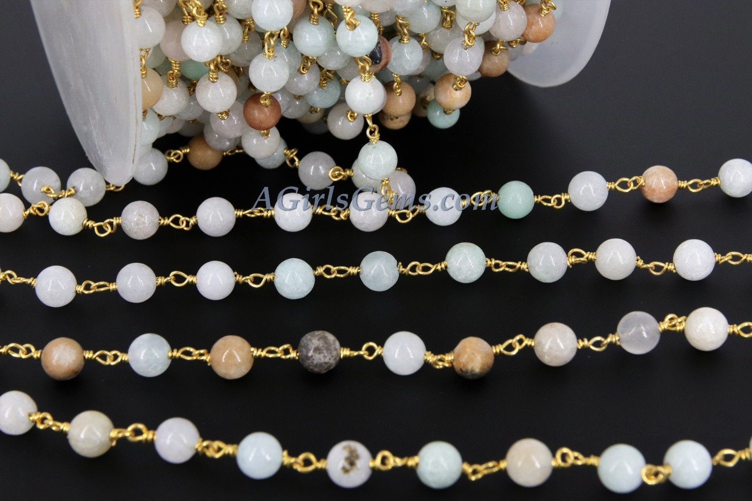 Amazonite Gunmetal Rosary Chain, 6 mm Wire Wrapped CH #355, 4 mm By The Foot
