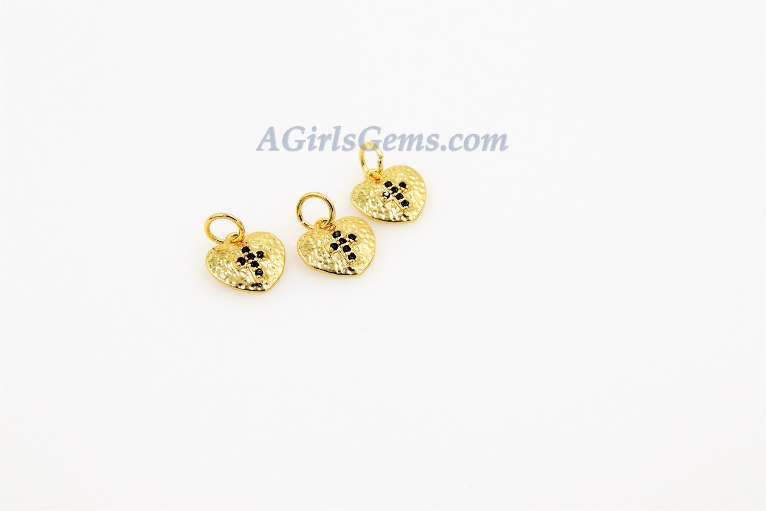 Heart Charms, CZ Micro Black Pave Gold Heart Cross Charms, 18 K Gold Plated Hammered/Textured Pendants 9 x 9 mm