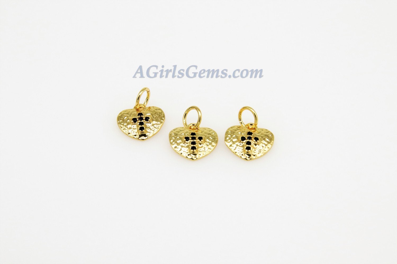Heart Charms, CZ Micro Black Pave Gold Heart Cross Charms, 18 K Gold Plated Hammered/Textured Pendants 9 x 9 mm