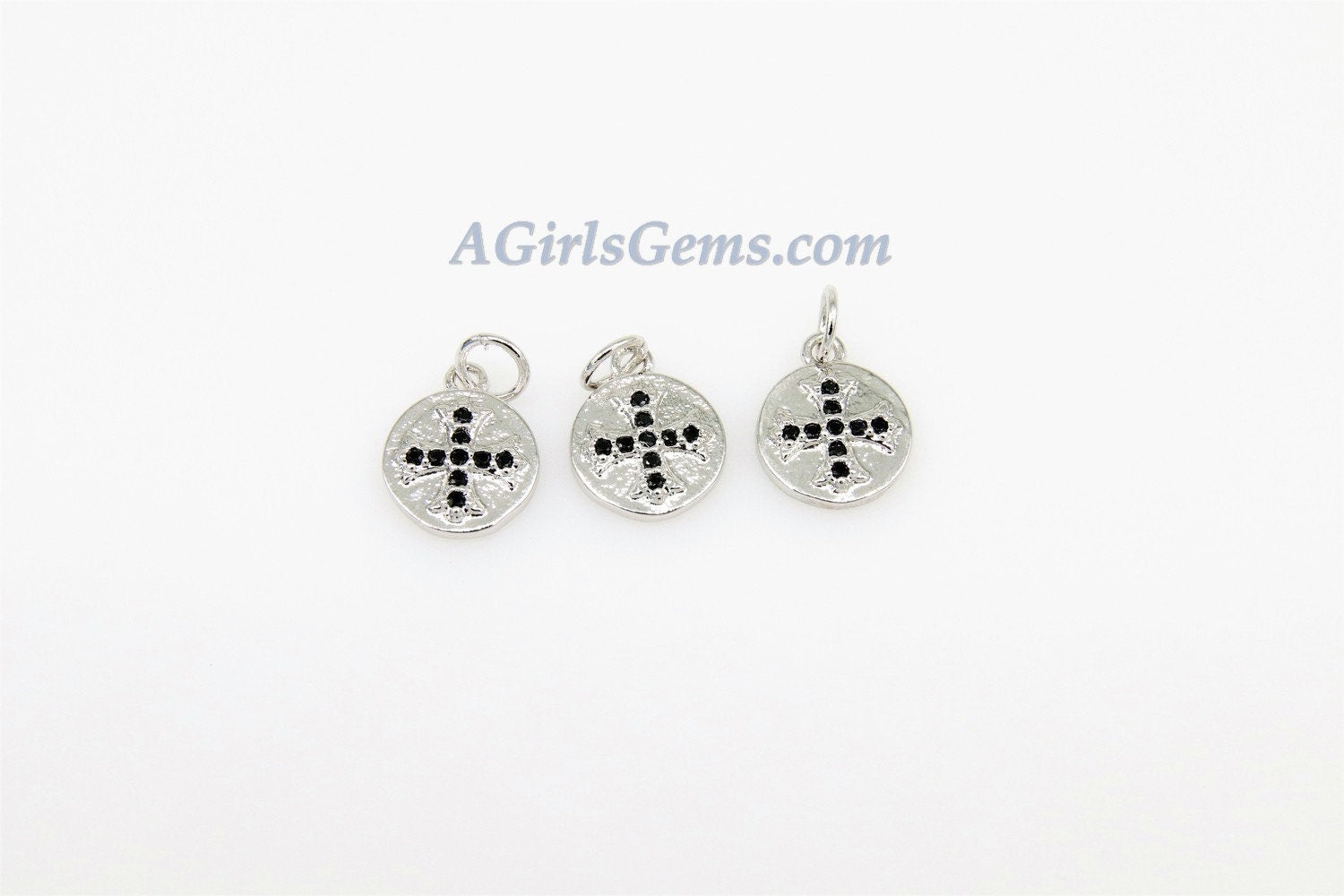 Maltese Cross Charms, CZ Micro Black Pave Beads #61, Silver Round Disc Hammered