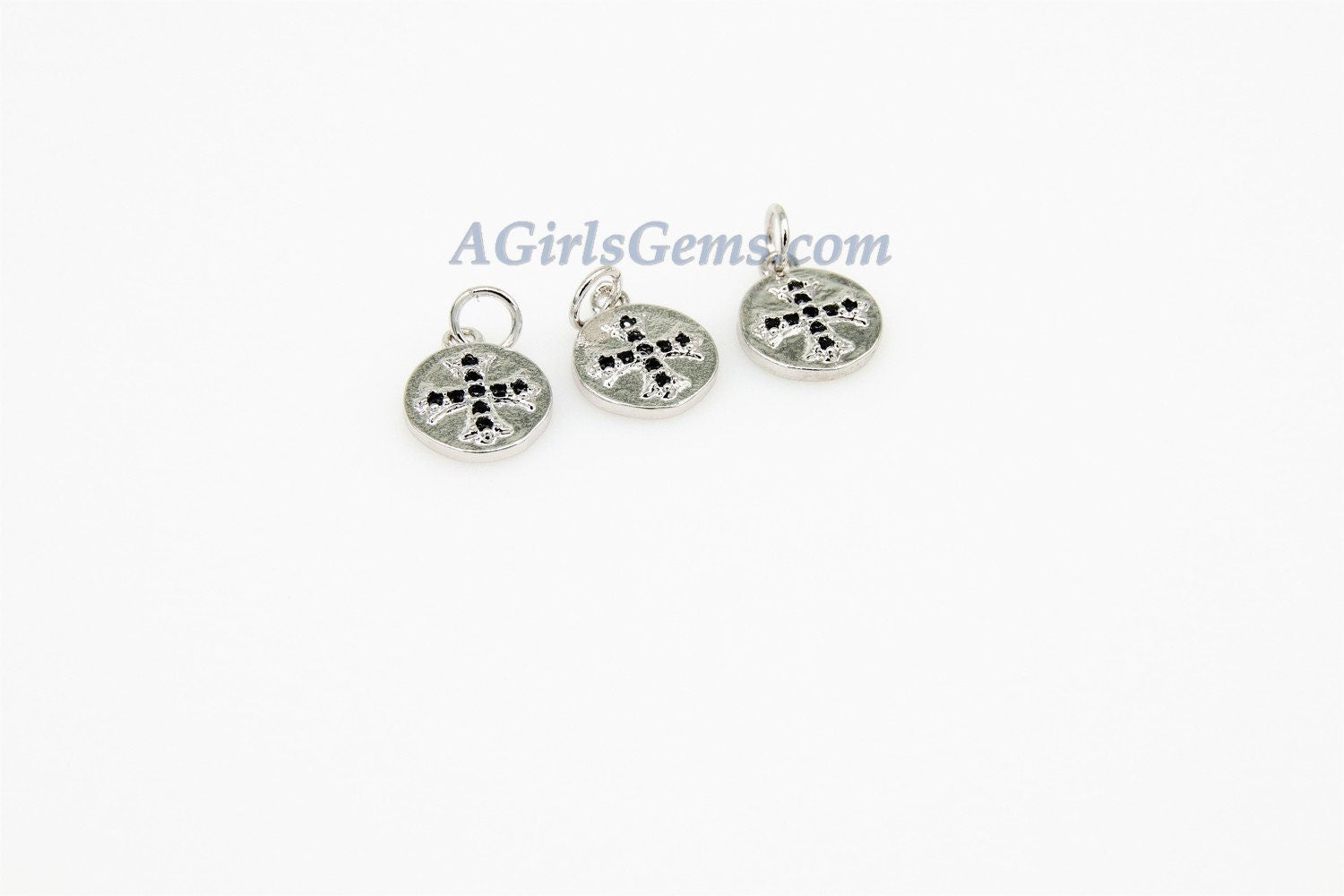 Maltese Cross Charms, CZ Micro Black Pave Beads #61, Silver Round Disc Hammered
