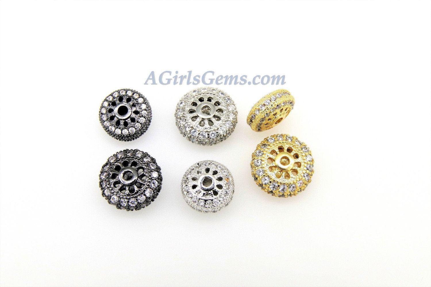 Round Donut Beads, 2 Pcs CZ Micro Pave Flat Donut 8 mm Bead, Gold