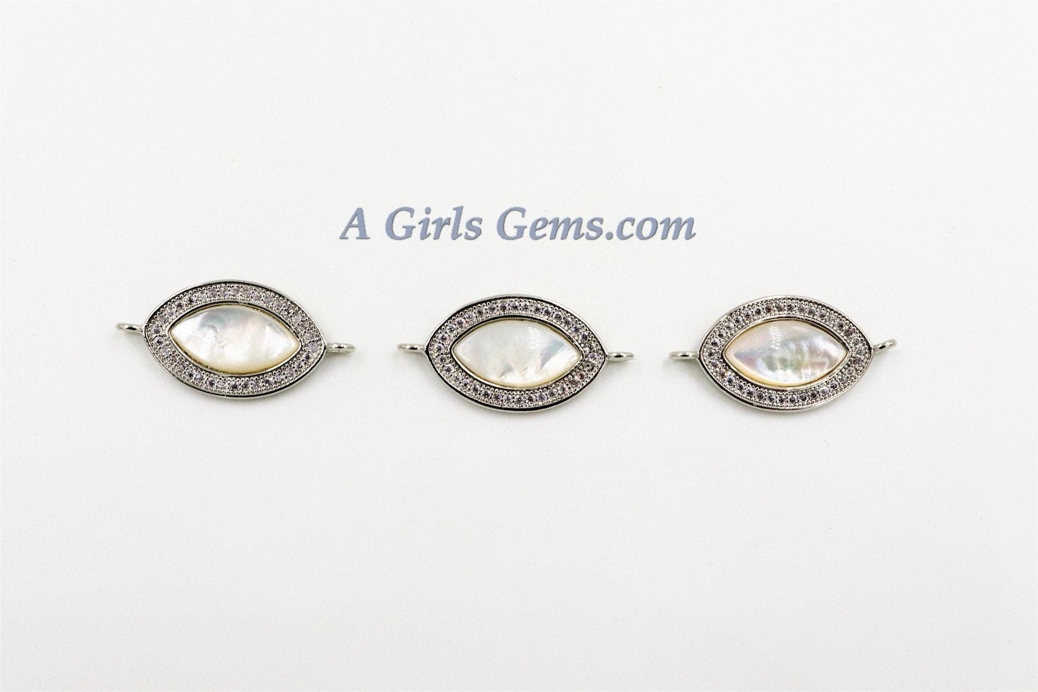 CZ Micro Pave Pearl Connectors, Mother of Pearl Silver Evil Eye Charm #74, 14 x 24 mm Silver Pearl Charm Beads/CZ Necklace Connector charm