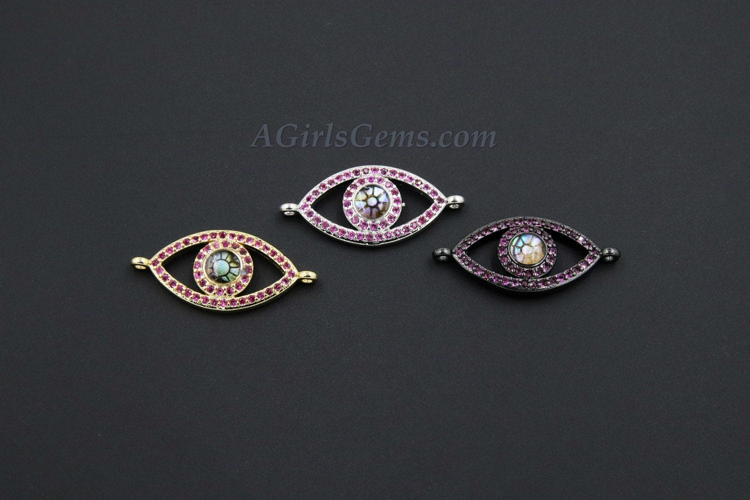 Evil Eye Connectors, #125, CZ Micro Pave Bracelet Charm with Pink CZ - Turkish/Greek Blue Evil Eye Charm