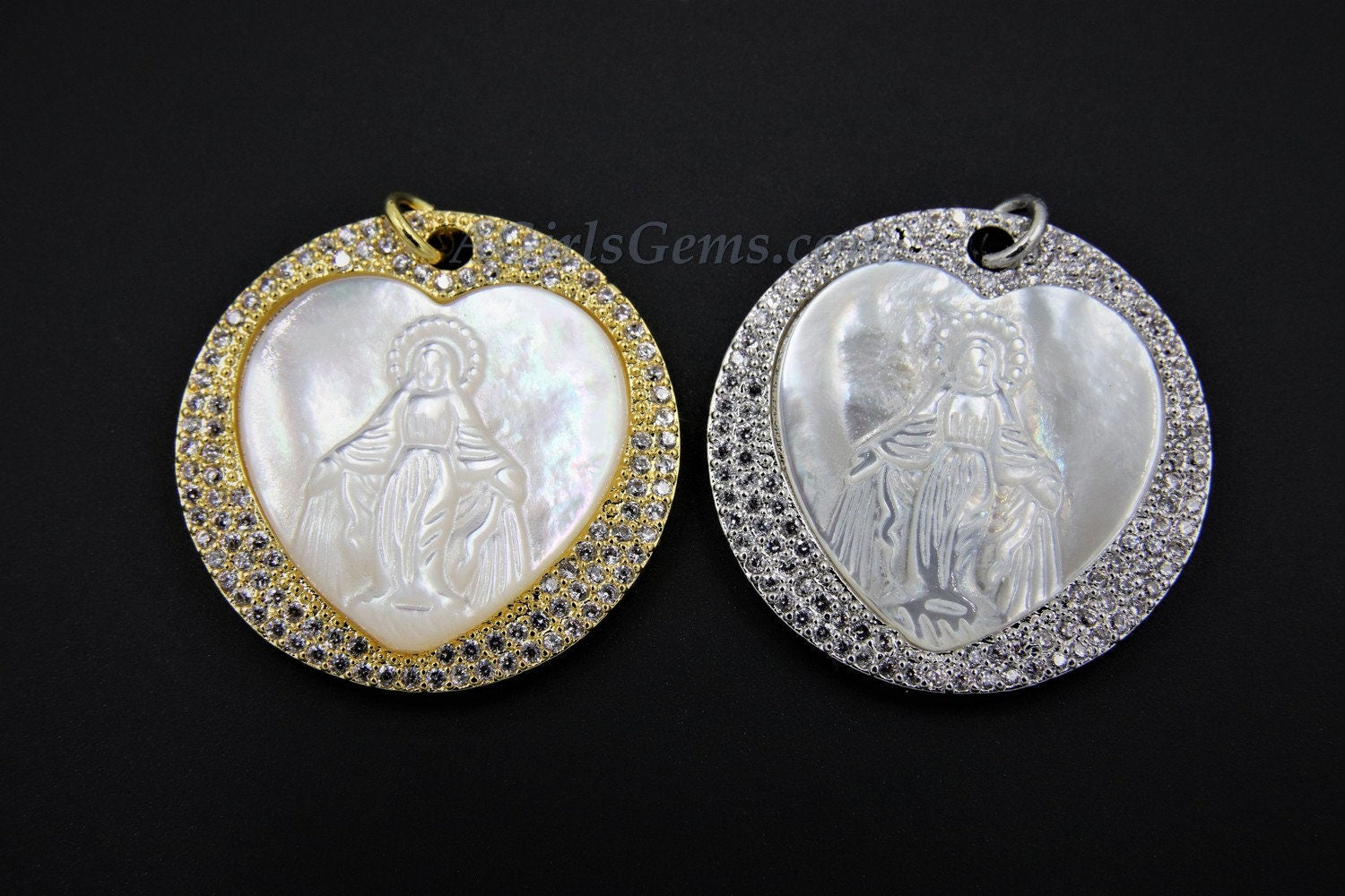 CZ Jesus Charms, Gold White Shell Mary Round Pendant #6, Silver Heart Mother of Pearl Shell Rosary Necklace Charm