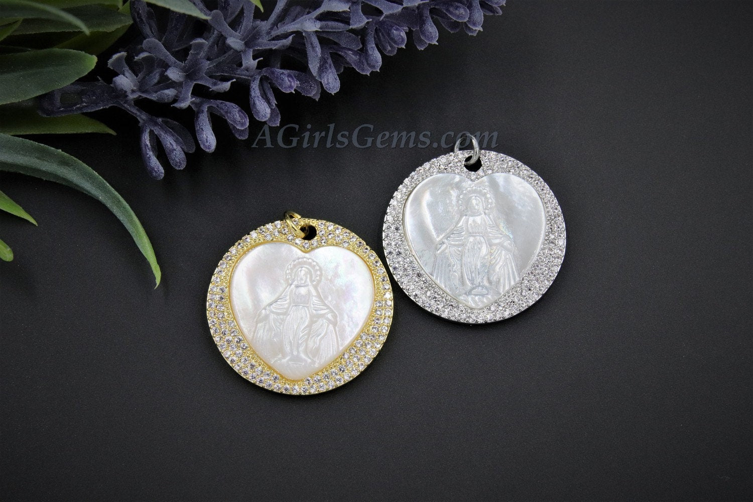 CZ Jesus Charms, Gold White Shell Mary Round Pendant #6, Silver Heart Mother of Pearl Shell Rosary Necklace Charm