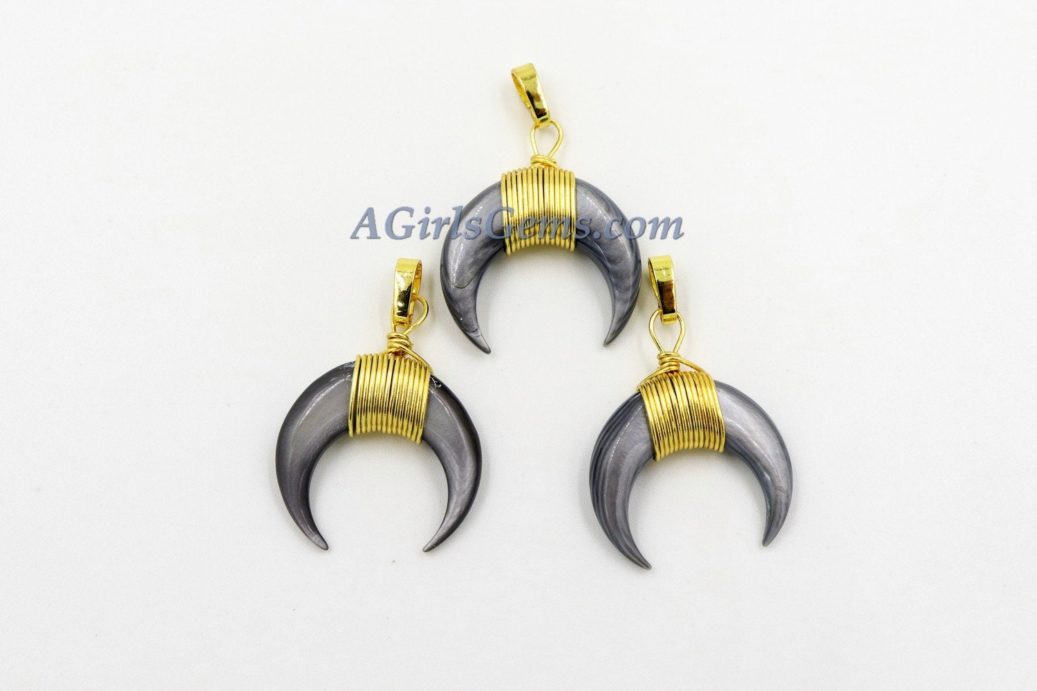 Crescent Moon Charms, Gray Mini Double Horn Natural Shell Pendant, Double Horn Small Charm Pendant