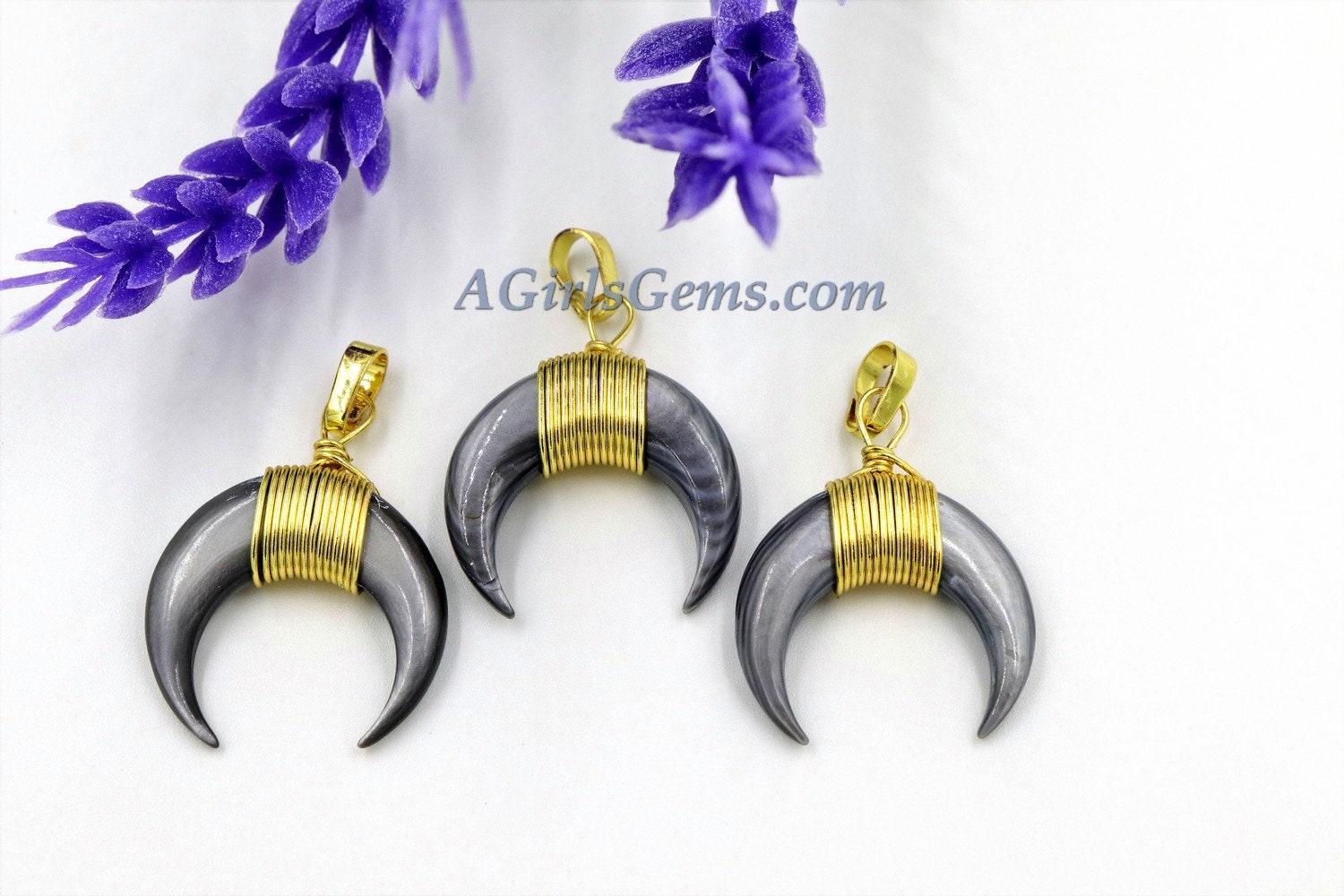 Crescent Moon Charms, Gray Mini Double Horn Natural Shell Pendant, Double Horn Small Charm Pendant