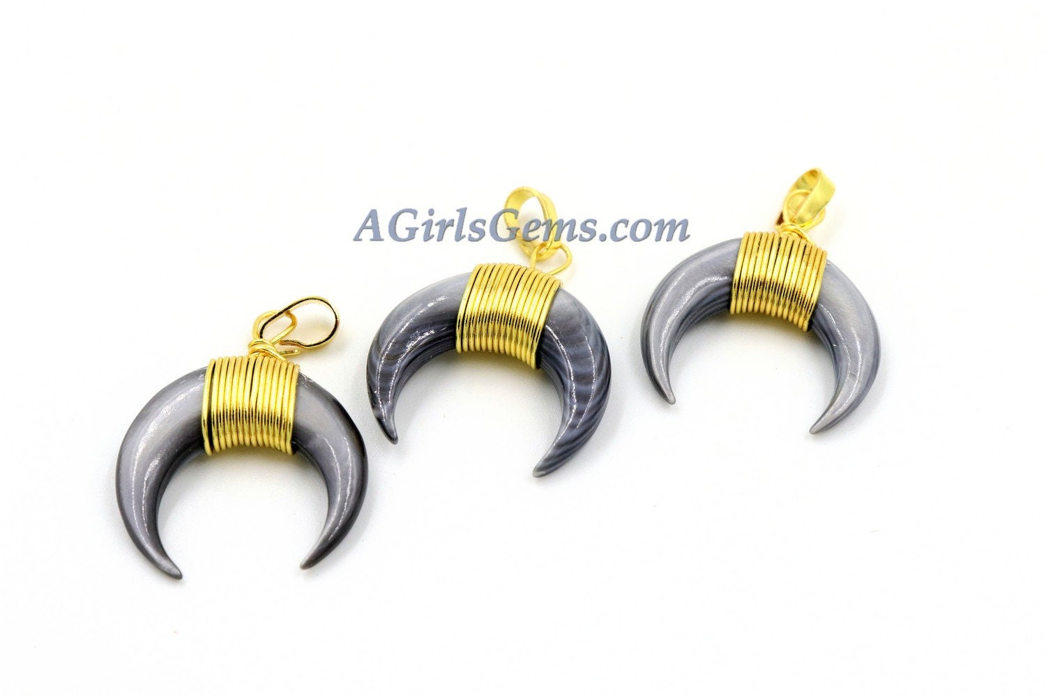 Crescent Moon Charms, Gray Mini Double Horn Natural Shell Pendant, Double Horn Small Charm Pendant