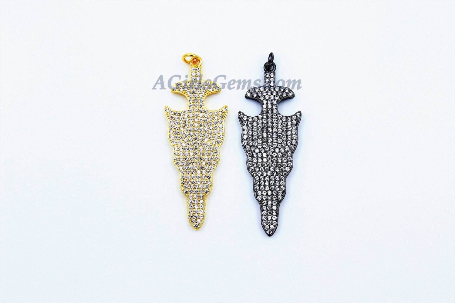 CZ Dagger Charms, Micro Pave Cubic Zirconia Arrowhead Charm #300, Gold or Black Plated Triangle Shape Arrow Pendants