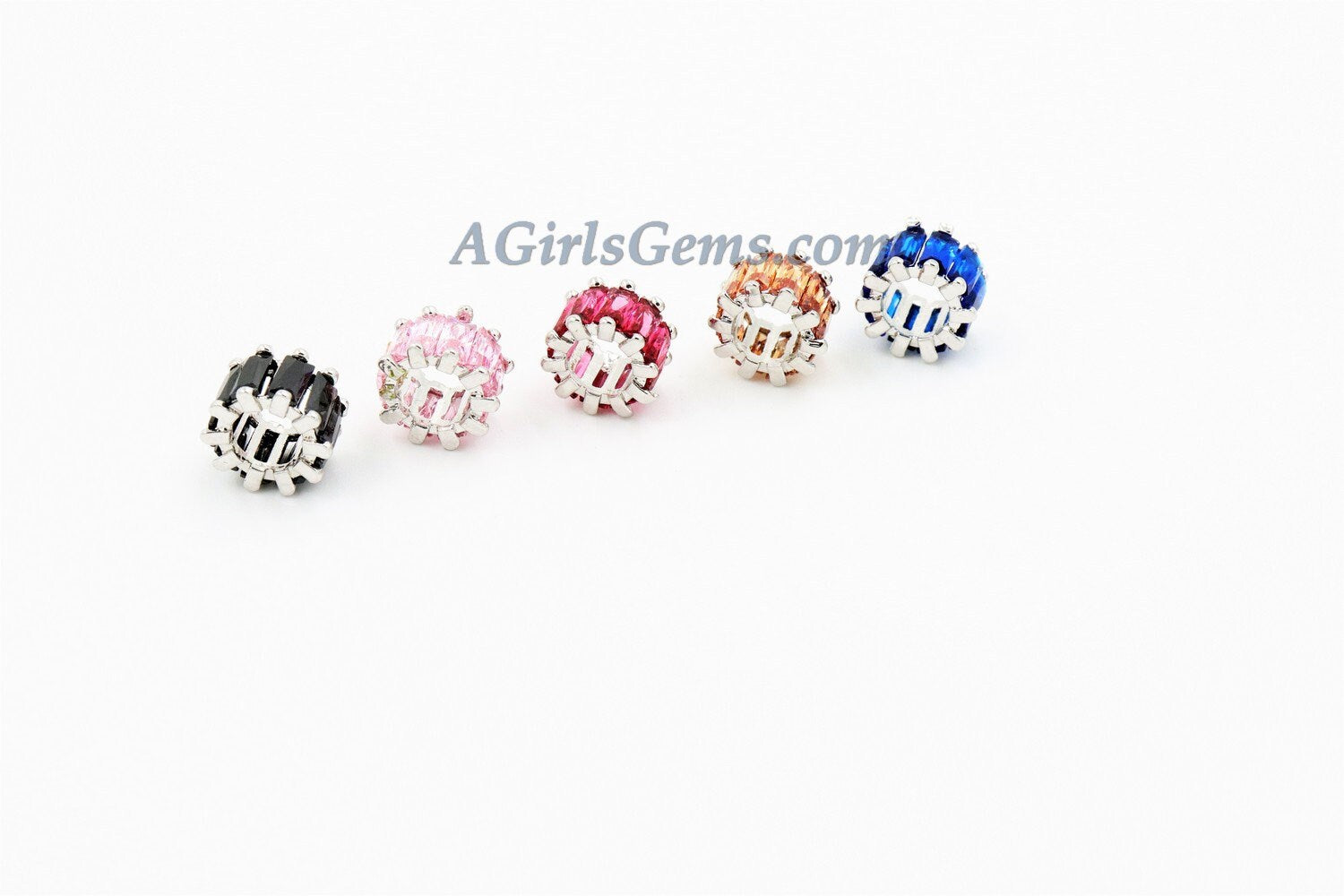 Silver Tube Beads, CZ Pave Large Hole Beads, 6 x 10 mm *Baguette* Crystal Big Hole Rondelle Pink/Blue/Champagne/Black/Fuchsia Donuts/Drum