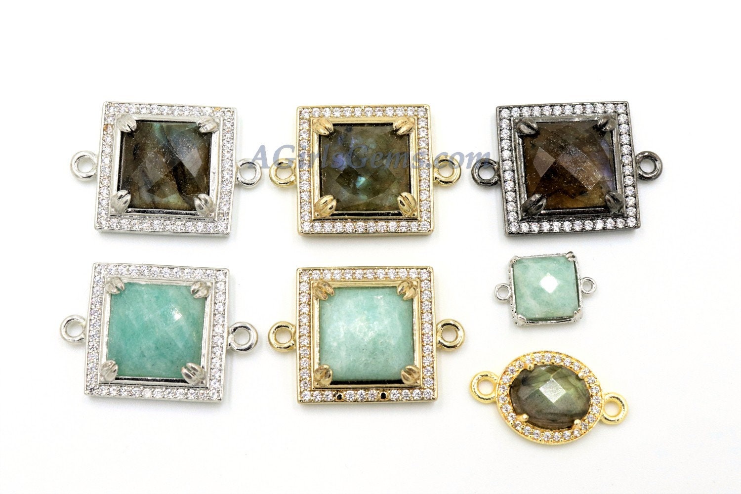 CZ Labradorite Connector, Square Amazonite Links #504, Gold and Silver Plated Oval Connectors
