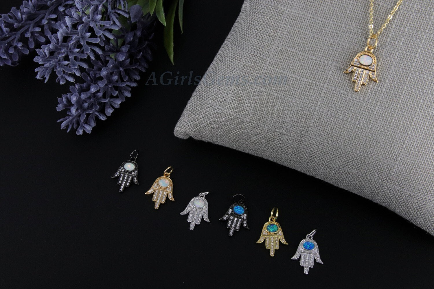 Tiny Opal Hand Charms, White and Blue Turquoise 18 K Gold, Black