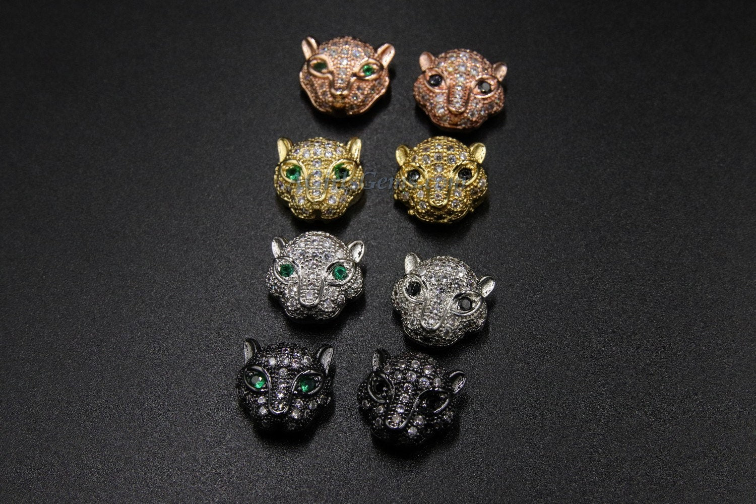 CZ Micro Pave Tiger Head Bead Charm, Leopard Cat Head Beads 10 mm x 12 mm, Rose Gold Silver Black Plated CZ Animal Head Bead
