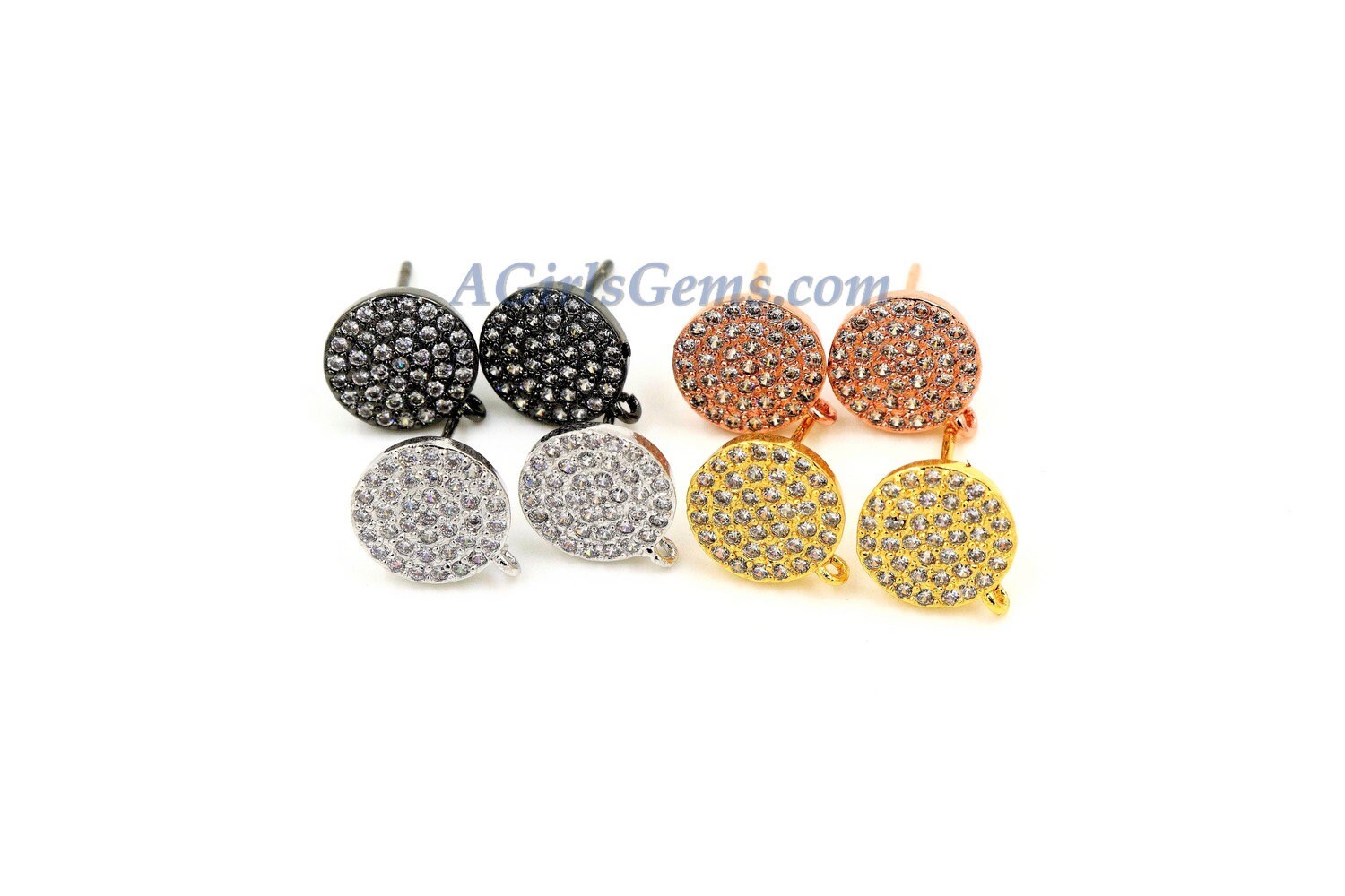 CZ Pave Round Disc Earrings, 10 mm Gold Post Stud Earring Findings #296, Bridal party