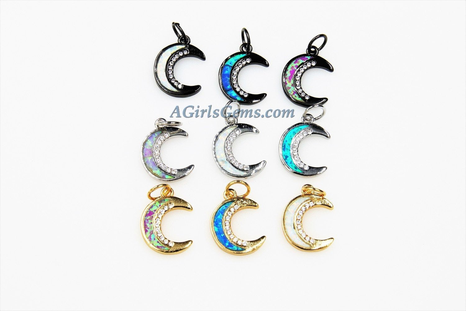 Crescent Moon Charm, CZ Pave Opal Moon with Cubic Zirconia, Gold Lunar Moon