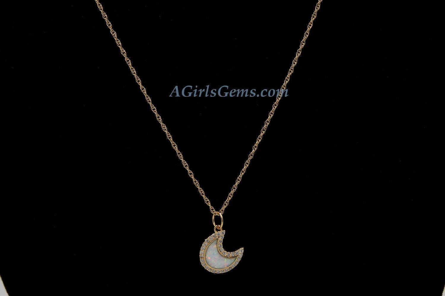 Crescent Moon Charm, CZ Pave Opal Moon with Cubic Zirconia, Gold Lunar Moon