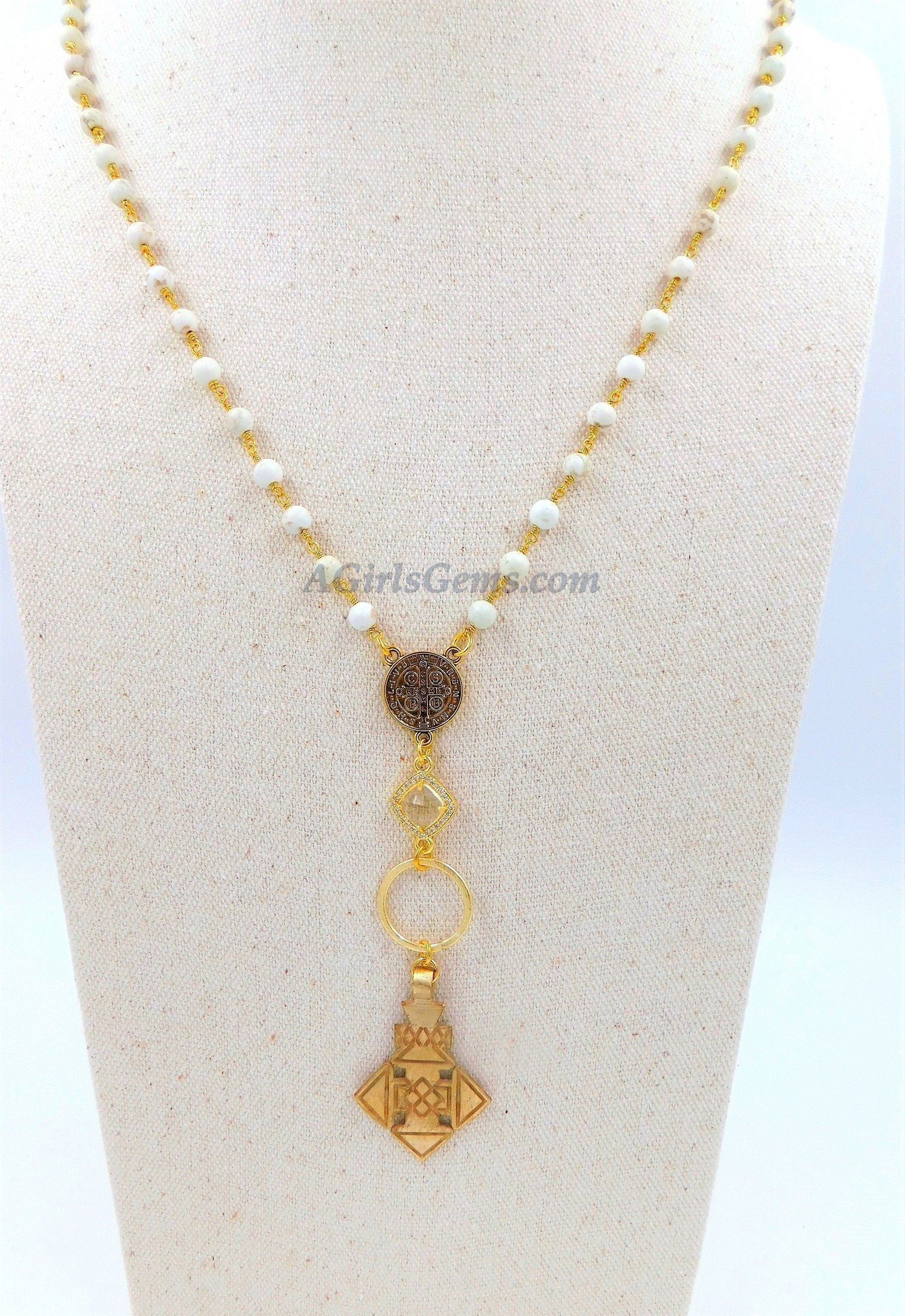 Brass Coptic Cross Necklace, White Turquoise Long Necklace, St. Benedict Religious Necklace