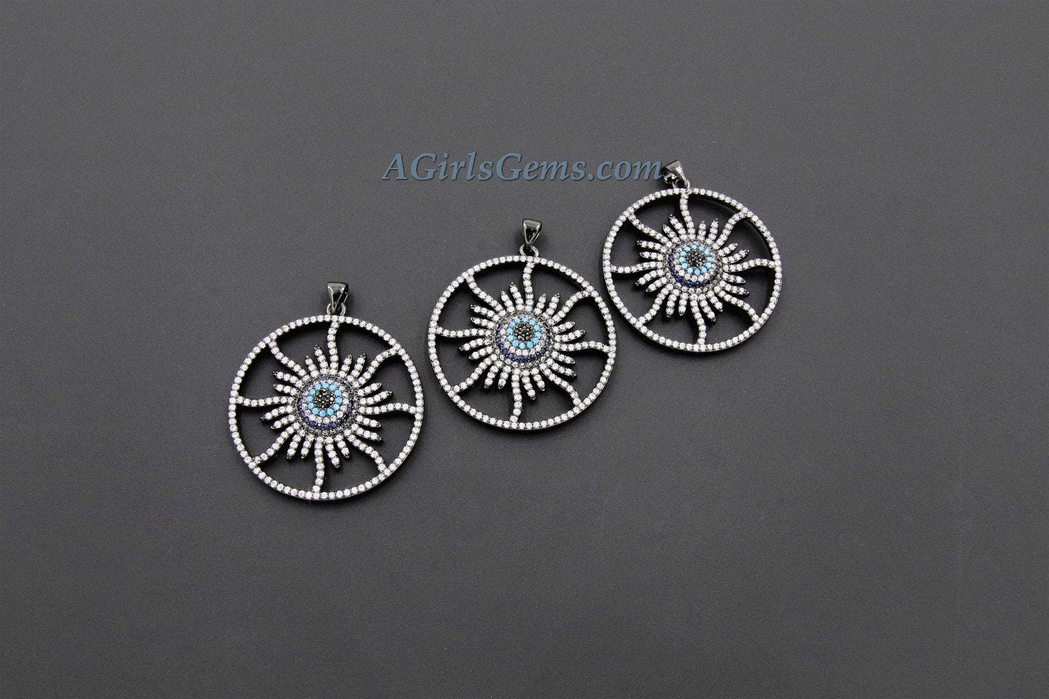 Star Charm Pendants, CZ Black Blue Turquoise Round Evil Eye Pendants #2103, Pave Starburst
