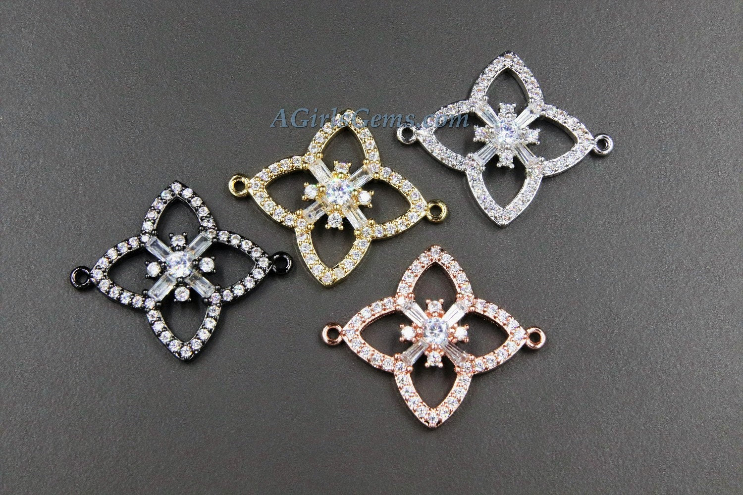 Diamond Charm, CZ Micro Pave Diamond Shape Charms #62, 18 k Silver/Gold or Black Rhodium Plated CZ 4 Point Star Diamond Connectors