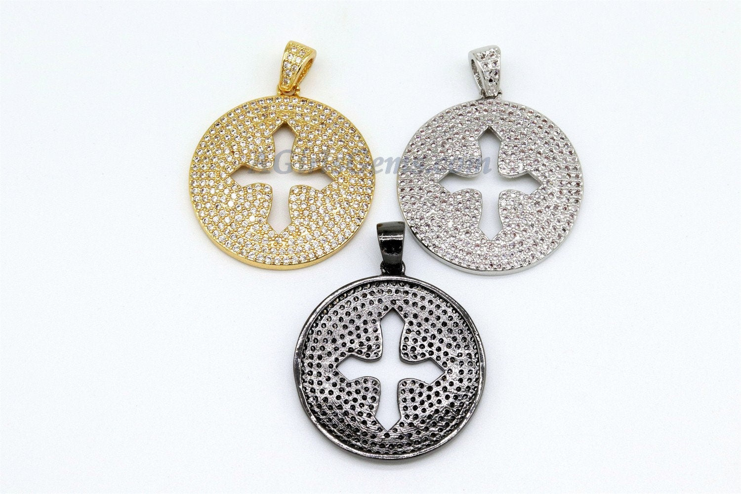 Round Disc Cross Pendant, CZ Micro Pave Cross 18 k Gold/Silver/Black Rhodium Plated Beads Cubic Zirconia Paved Holy Cross for Jewelry Making