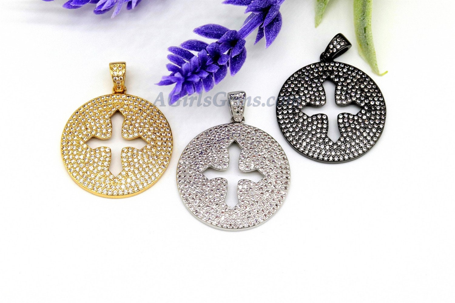 Round Disc Cross Pendant, CZ Micro Pave Cross 18 k Gold/Silver/Black Rhodium Plated Beads Cubic Zirconia Paved Holy Cross for Jewelry Making