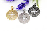 Round Disc Cross Pendant, CZ Micro Pave Cross 18 k Gold/Silver/Black Rhodium Plated Beads Cubic Zirconia Paved Holy Cross for Jewelry Making