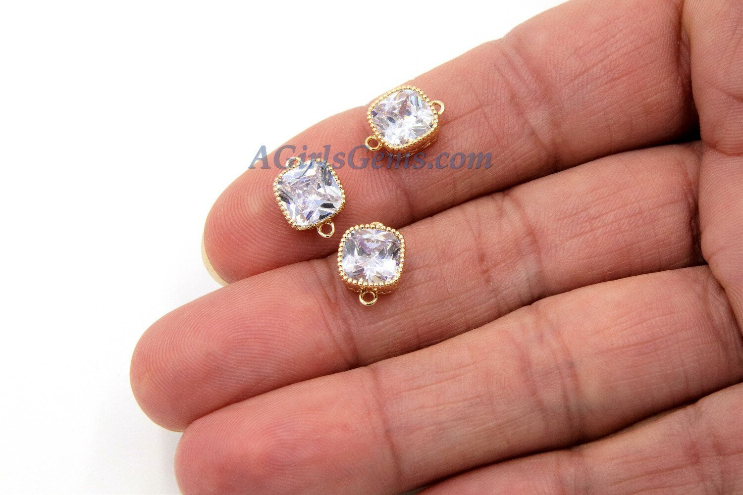 CZ Micro Pave Square Connectors or Charms #320, Cubic Zirconia Tiny Gold Filigree Bezel, 8 x 12 mm 2 Loops Earrings