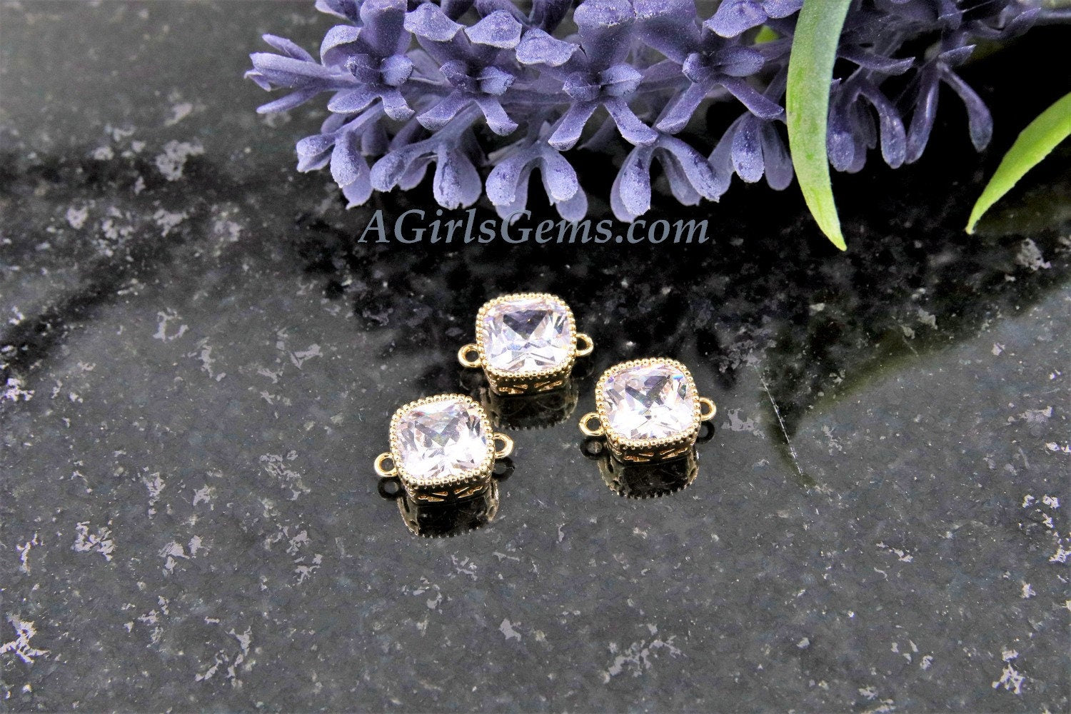 CZ Micro Pave Square Connectors or Charms #320, Cubic Zirconia Tiny Gold Filigree Bezel, 8 x 12 mm 2 Loops Earrings