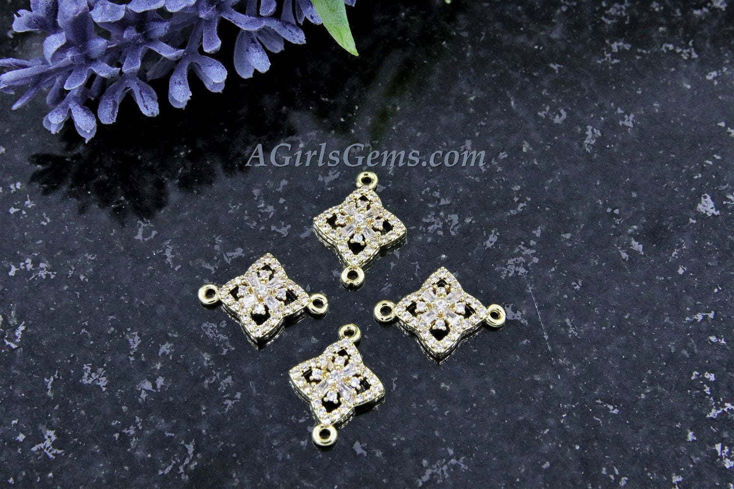 Diamond Charm, CZ Pave Rose Gold Diamond Shape Charms in 12 x 16 mm, Plated CZ Quatrefoil Diamond Connectors