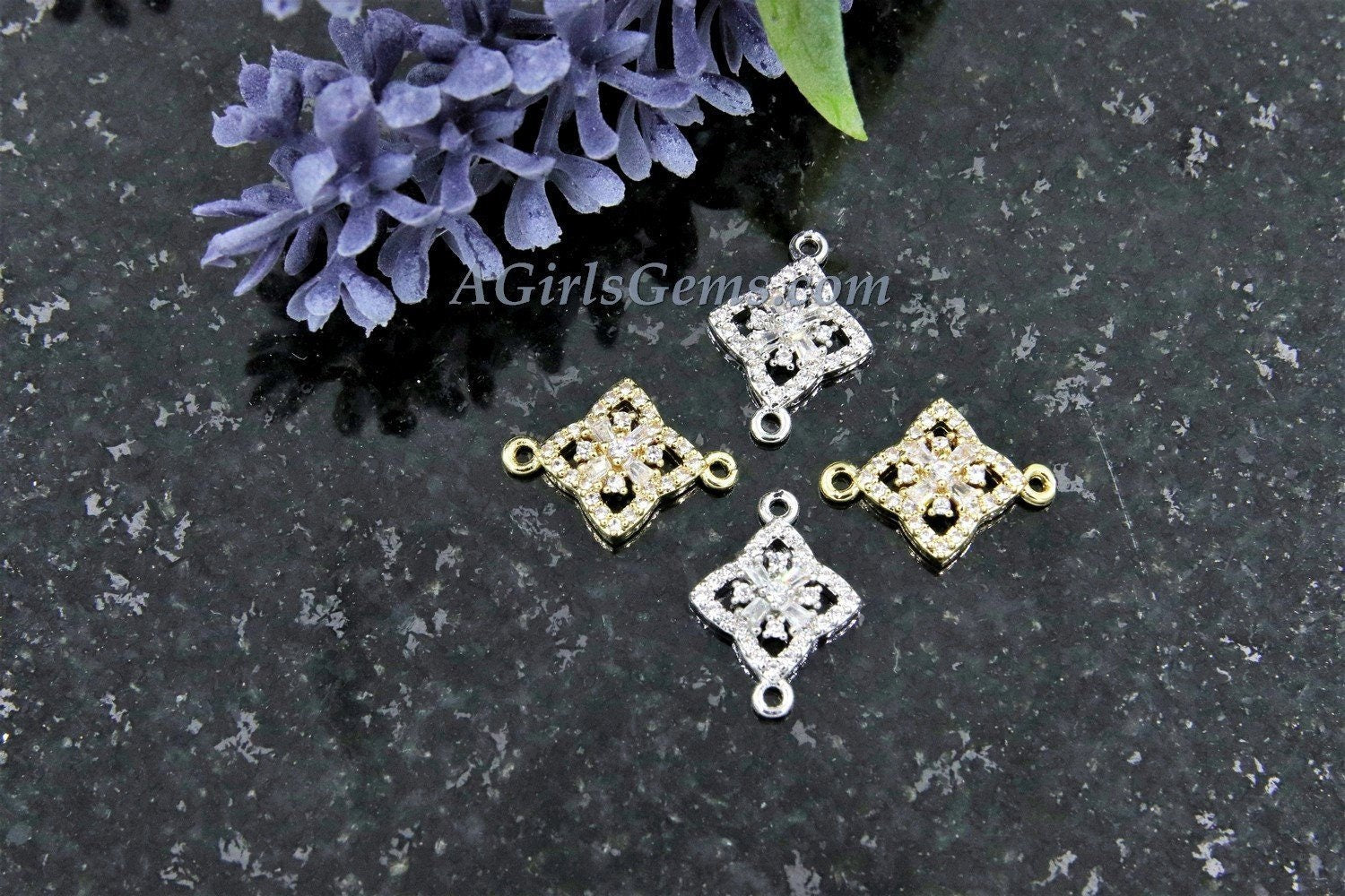 Diamond Charm, CZ Pave Rose Gold Diamond Shape Charms in 12 x 16 mm, Plated CZ Quatrefoil Diamond Connectors
