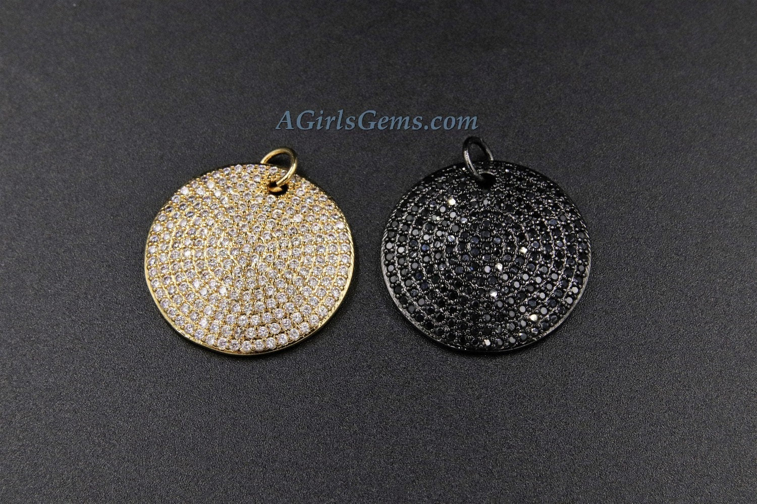 Large Round Disc Pendant, AG 159, CZ Micro Pave 28 mm Gold or Black Rhodium