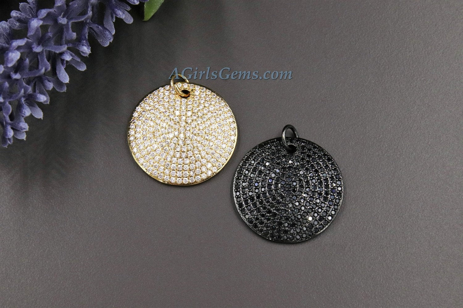 Large Round Disc Pendant, AG 159, CZ Micro Pave 28 mm Gold or Black Rhodium