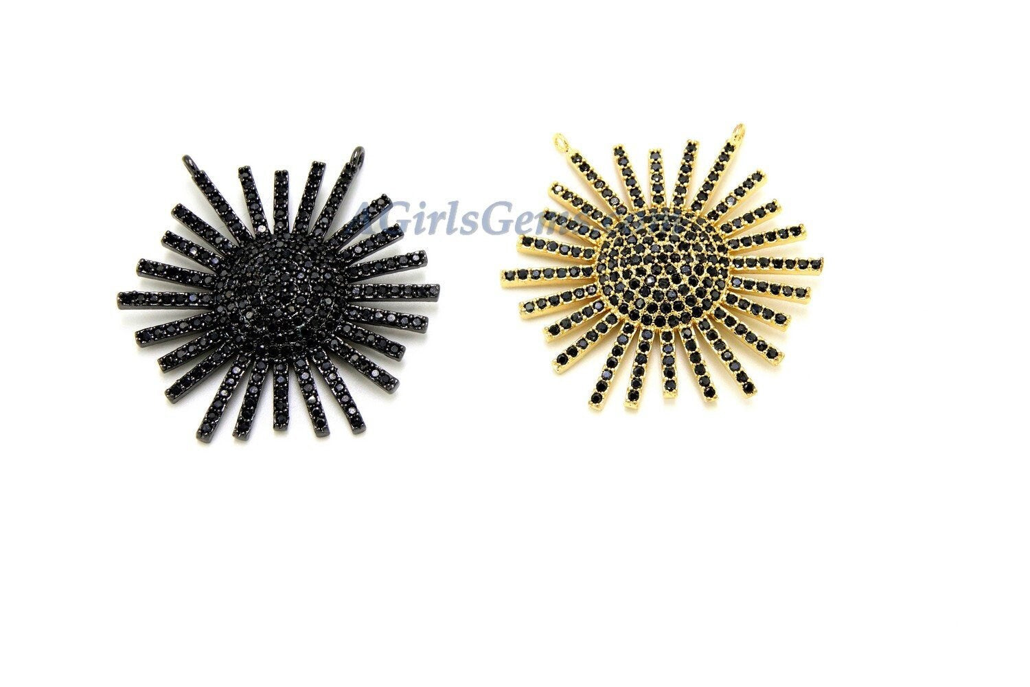 CZ Micro Pave Star Charm, Starburst Black Pave CZ Gold and Black Pave Sun, Flower Cubic Zirconia Gold Sunflower Charm
