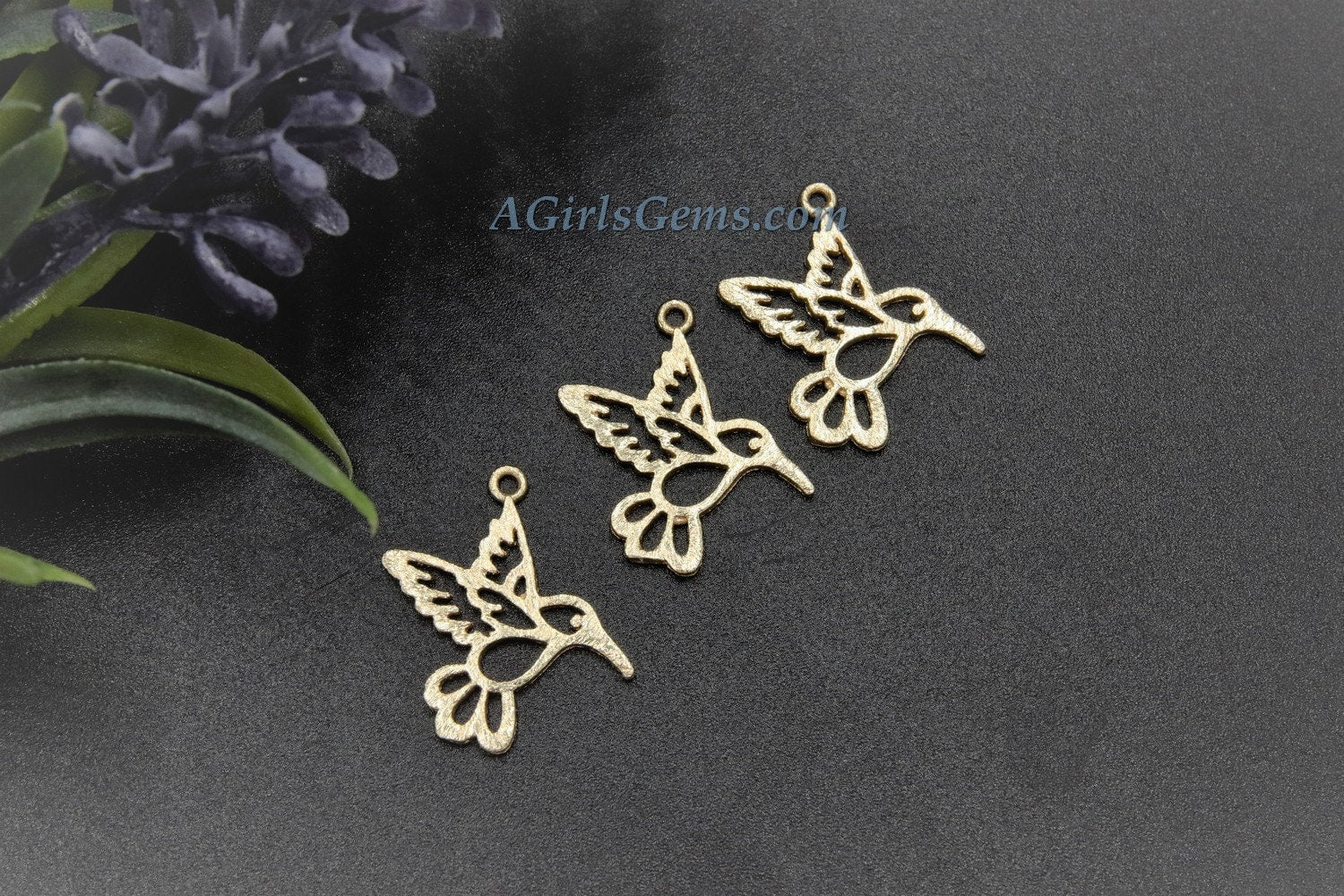 Gold Bird Charm, Hummingbird Brushed Gold Charms #686, Tiny Animal Flying Bird Jewelry Findings