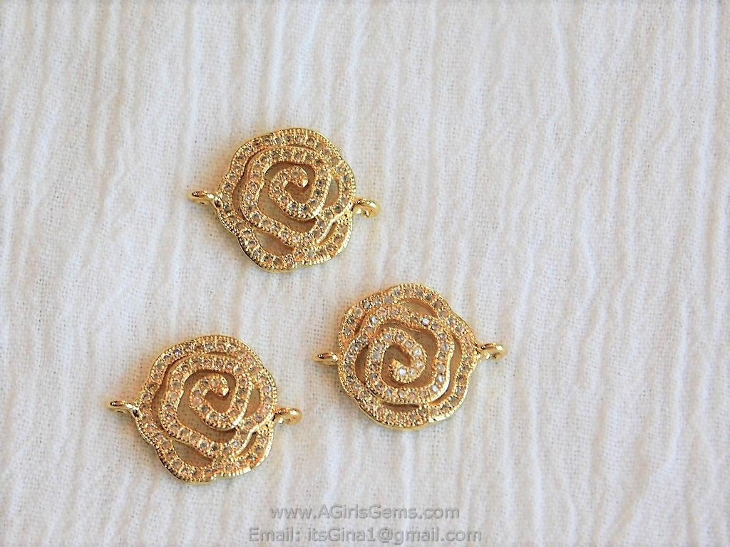 CZ Pave Camellia Connectors, Silver Flower Charms Links #85, Rose Bracelet Necklace Findings