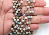 Natural Light Amazonite Gunmetal Rosary Chain, 4 mm Black Wire Wrapped CH #352, Boho Style Chain