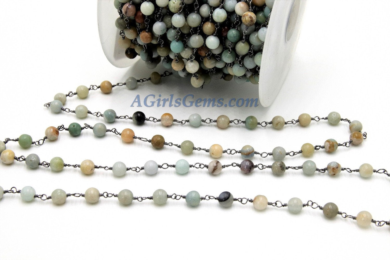 Amazonite Gunmetal Rosary Chain, 6 mm Wire Wrapped CH #355, 4 mm By The Foot