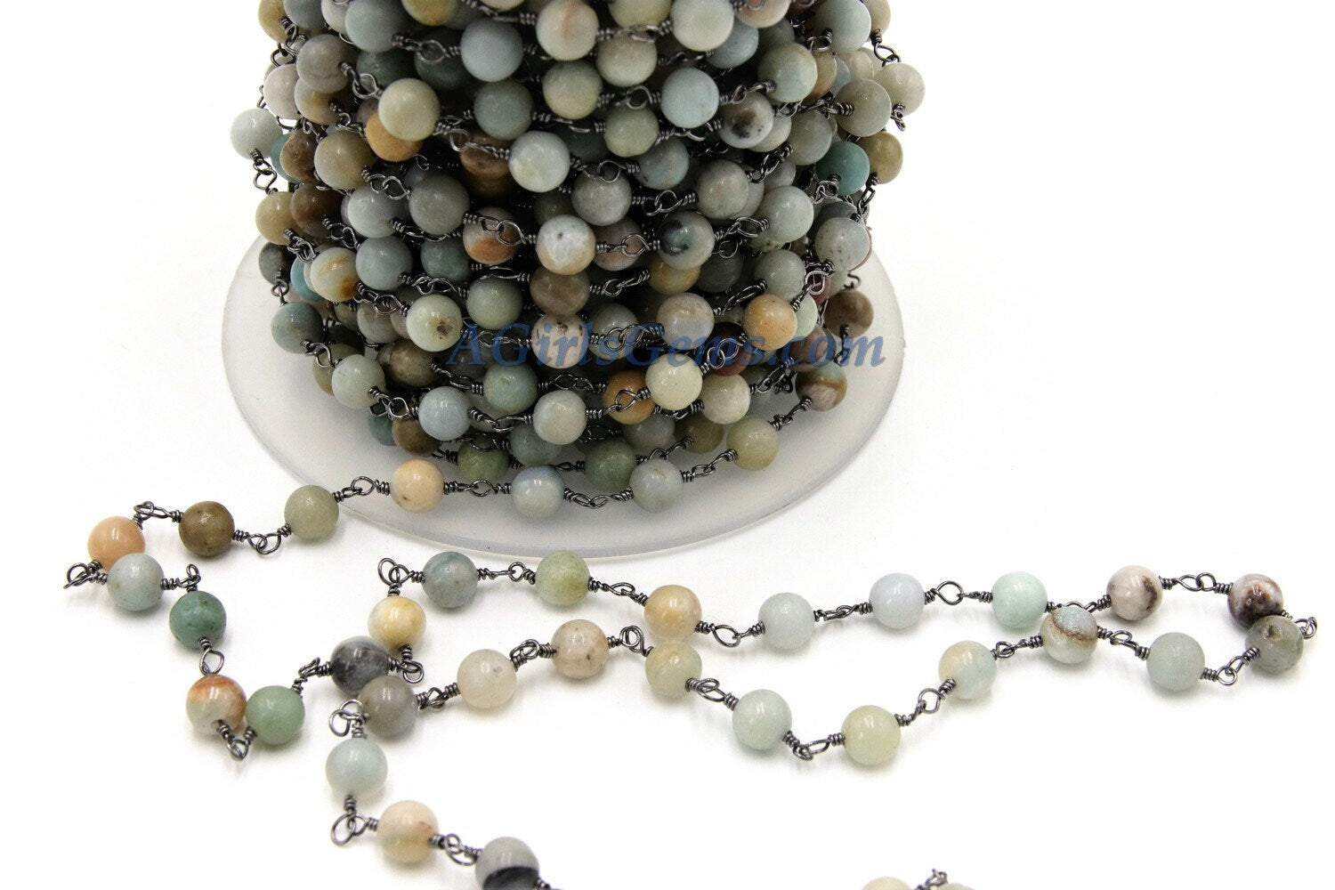 Amazonite Gunmetal Rosary Chain, 6 mm Wire Wrapped CH #355, 4 mm By The Foot