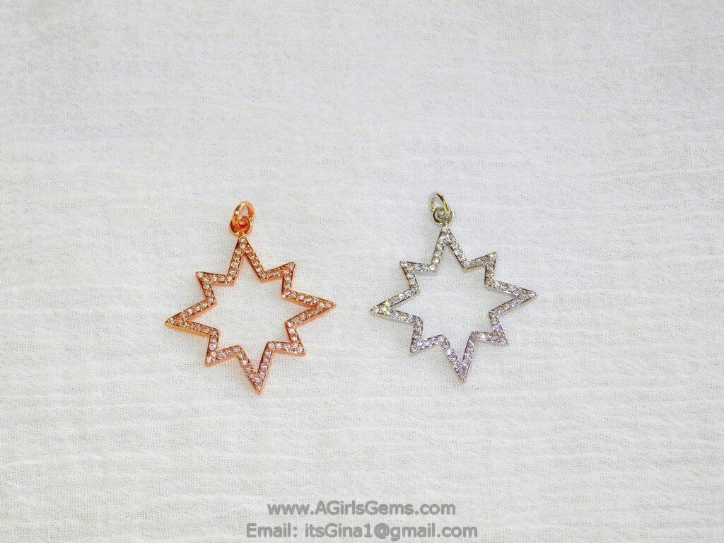 CZ Micro Pave Star Charms, CZ Starburst Pendants, Star Cubic Zirconia Stars in Gold #204
