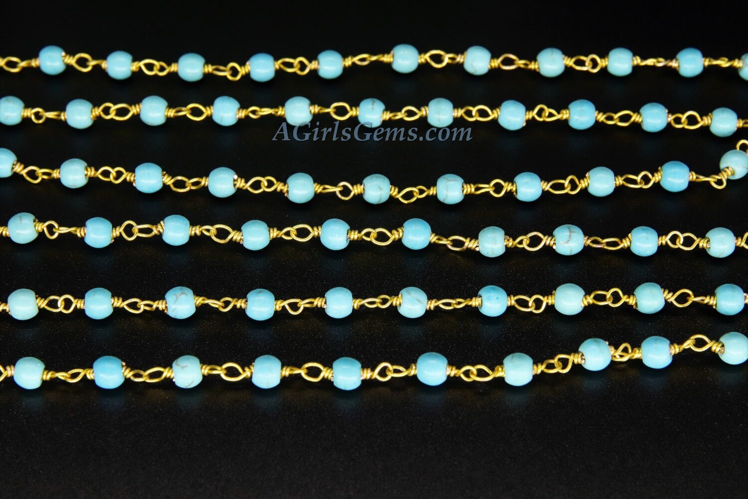 Turquoise Rosary Beaded Chain, 4 mm, 6 mm Wire Wrapped Blue Boho Howlite CH #526