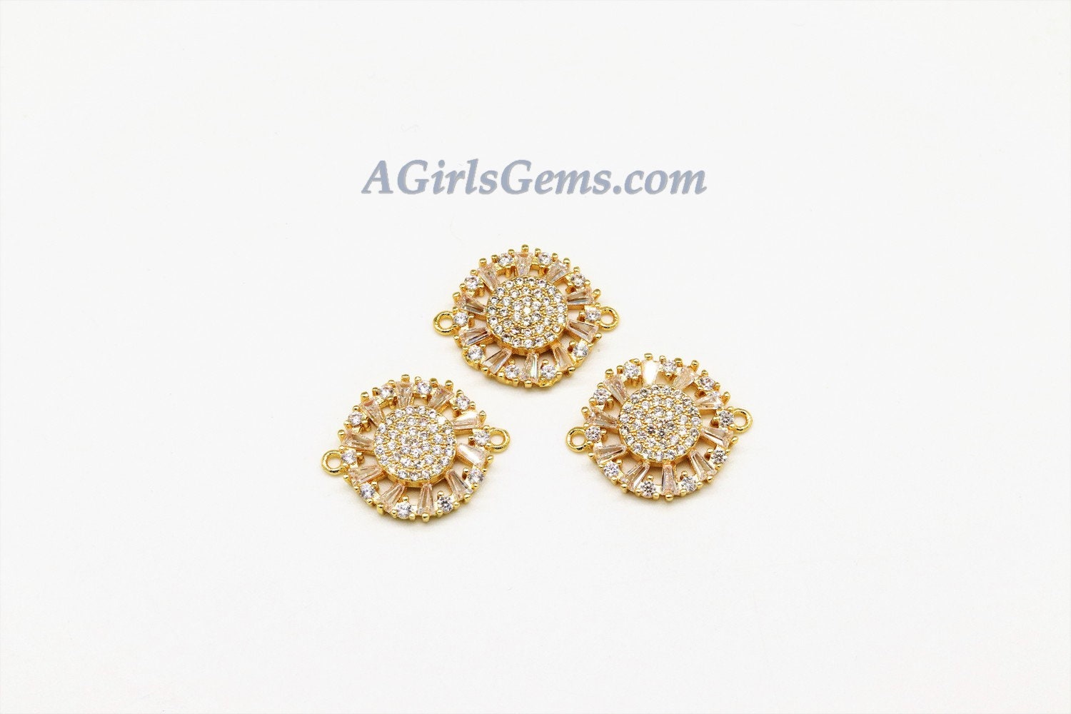 CZ Pave Round Disc Connectors, Baguette Flower Connector #101, Rose Gold Silver or Black Plated