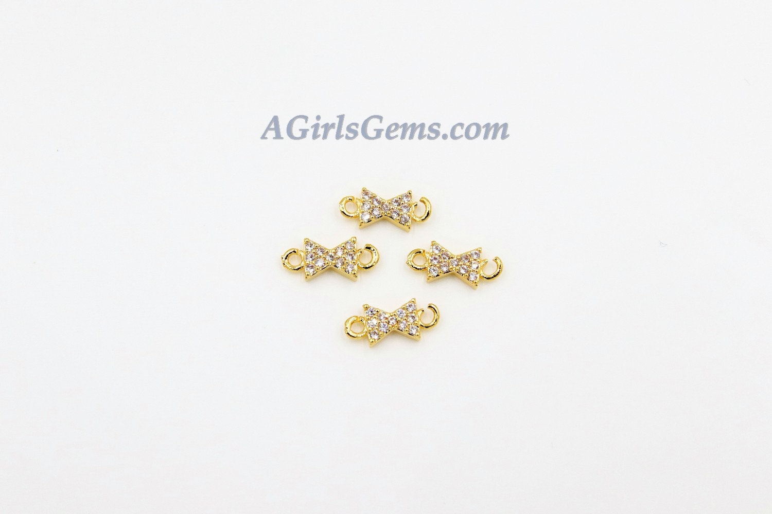 CZ Micro Pave Bow Tie Connector #26, Tiny Hourglass Charm 18 k Gold Plated 4 x 10 mm Ribbon Connector, Tiny CZ Charms for Jewelry Making