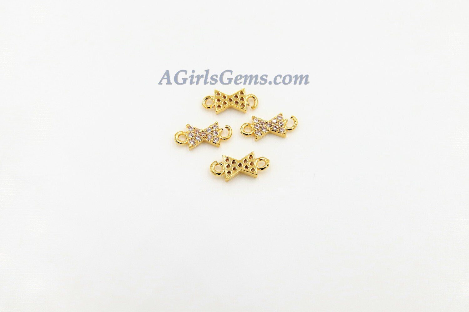 CZ Micro Pave Bow Tie Connector #26, Tiny Hourglass Charm 18 k Gold Plated 4 x 10 mm Ribbon Connector, Tiny CZ Charms for Jewelry Making