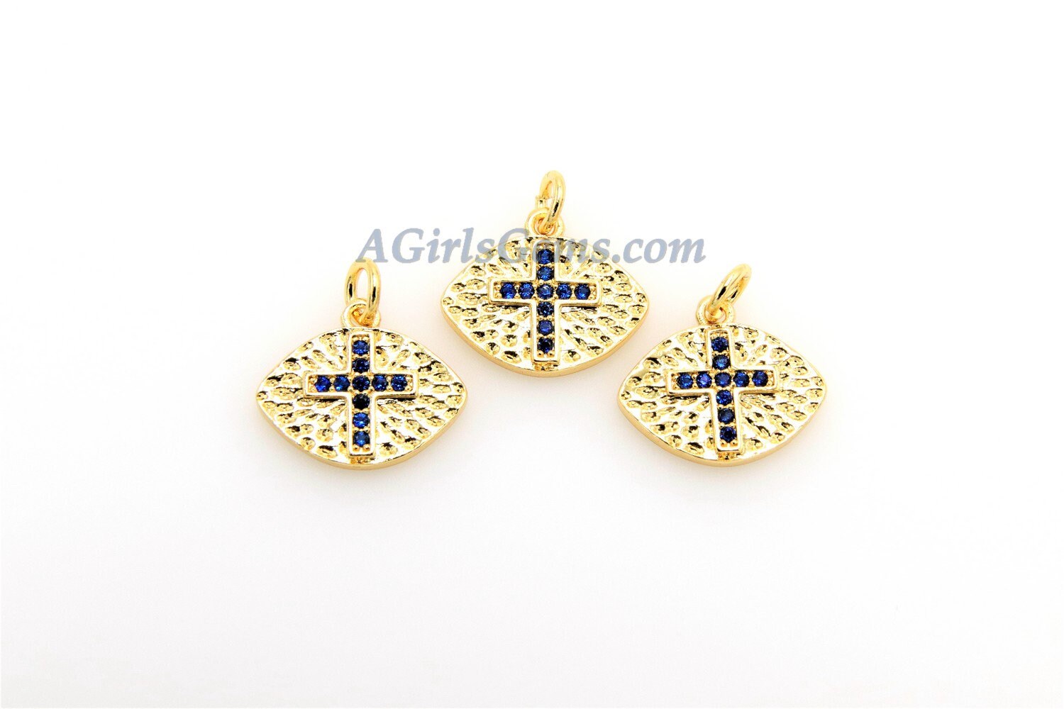 CZ Micro Pave Cross Charm, Sapphire Blue Gold Plated Oval Football #61, Bracelets